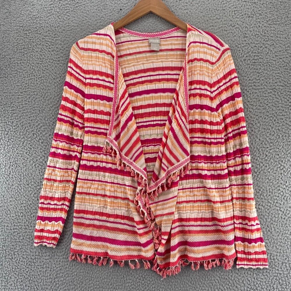 Chicos Sweater Womens 1 US Medium Orange Pink Wave Striped Cardigan Tassel NWT
